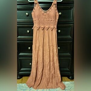 Boho Crochet Bodice Maxi Dress in Summer Coral NWOT